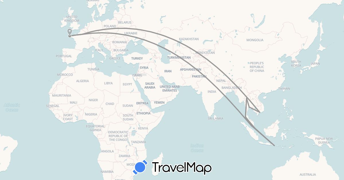 TravelMap itinerary: plane in France, Indonesia, Malaysia, Singapore, Thailand, Vietnam (Asia, Europe)